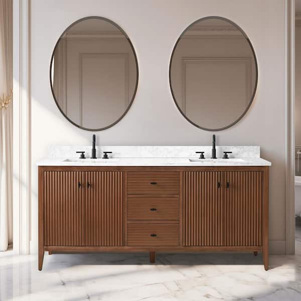 Vanity Art 72 in. W x 22 in D x 38 in. H Double Sink Bathroom Vanity Cabinet in Linear Walnut with Engineered Marble Top
