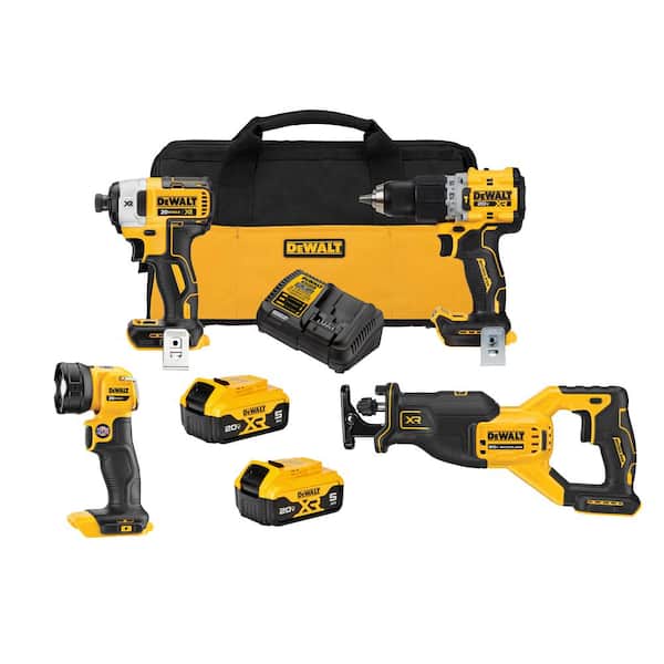 DEWALT 20V Lithium-Ion Cordless Brushless 4 Tool Combo Kit with (2) 5.0Ah Batteries and Charger