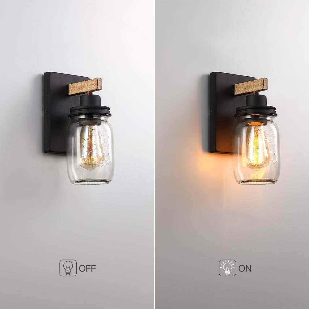 Black and Wood Rustic Farmhouse Mason Jar Wall Sconce