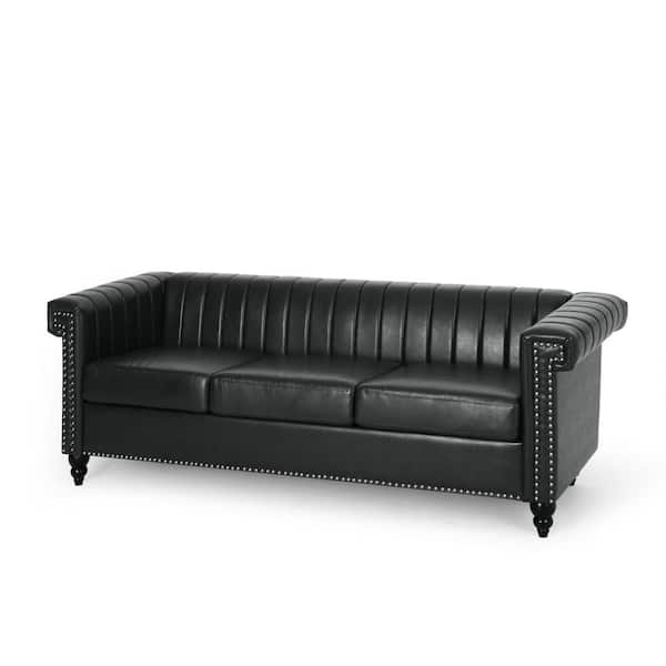 Noble House Gambier 83 in. Black and Dark Brown Faux Leather 3-Seats Sofa