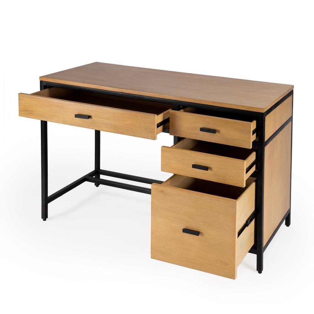 Hans 48" Natural Wood and Black Storage Desk with Filing Cabinet
