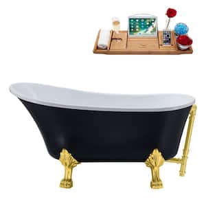 55 in. Acrylic Clawfoot Non-Whirlpool Bathtub in Matte Black With Polished Gold Clawfeet And Brushed Gold Drain