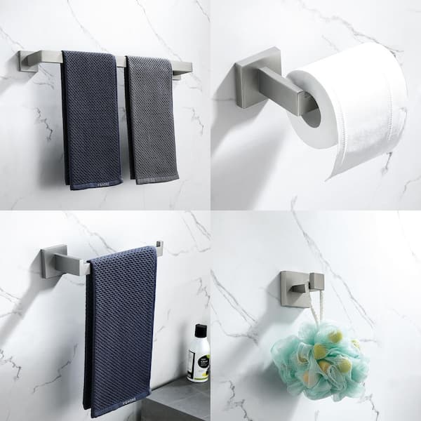 4-Piece Bath Hardware Set with 24 in. Towel Bar Toilet Paper Holder Towel Hook in Stainless Steel Brushed Nickel