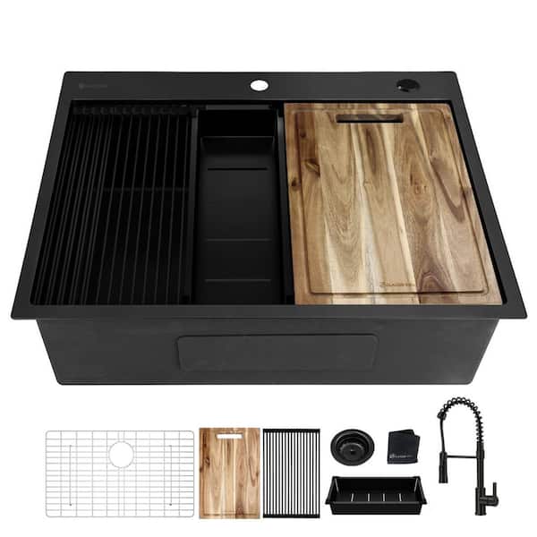 Glacier Bay 27 in. Drop-In Single Bowl 18 Gauge Black Stainless Steel Workstation Kitchen Sink with Black Spring Neck Faucet