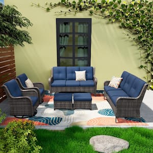 Brown 6-Piece Wicker Patio Conversation Set Rattan Seating Set with Blue Cushion