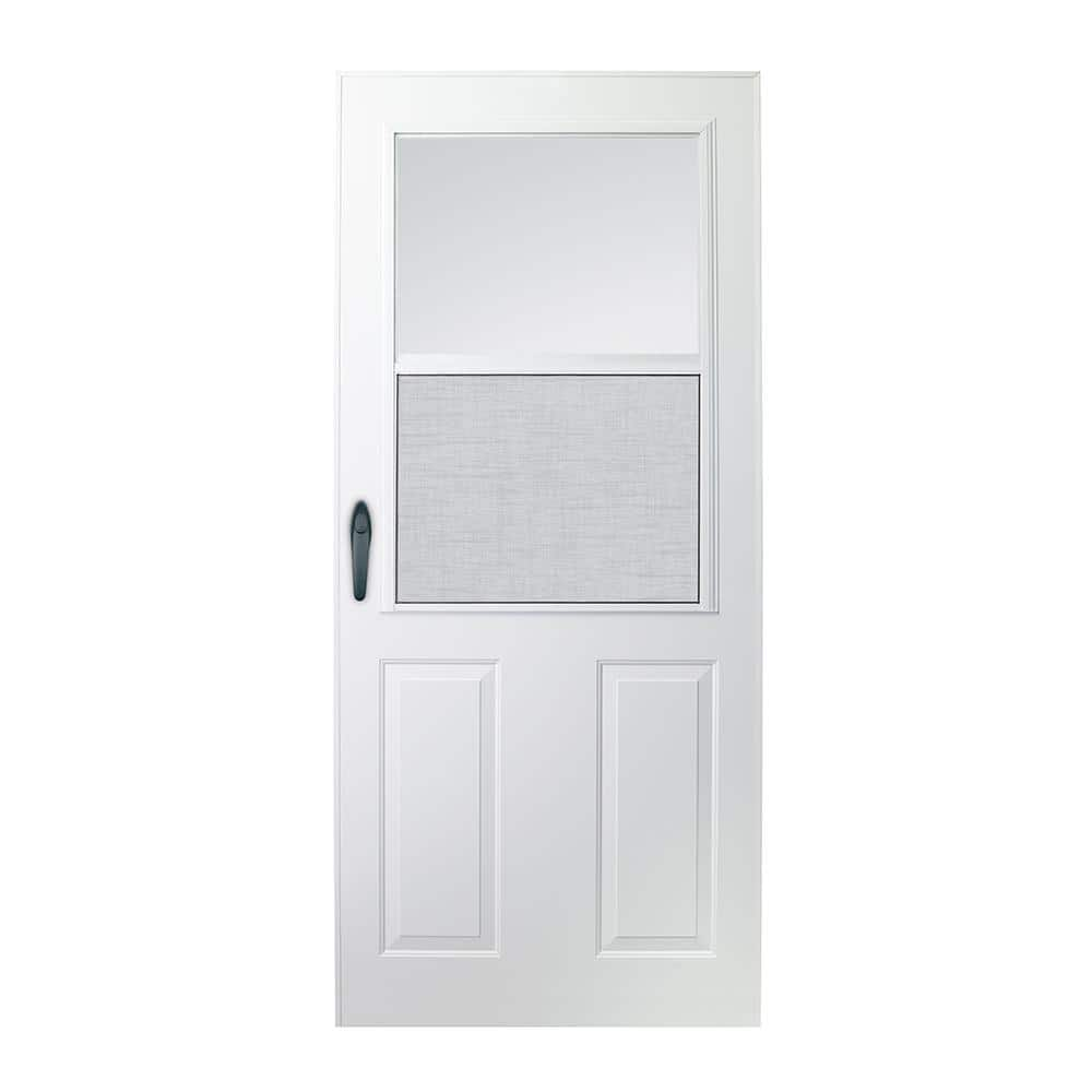 200 Series 33 in. x 80 in. White Universal Mid-View Traditional Self-Storing Aluminum Storm Door with Black Hardware -  EMCO, 22061