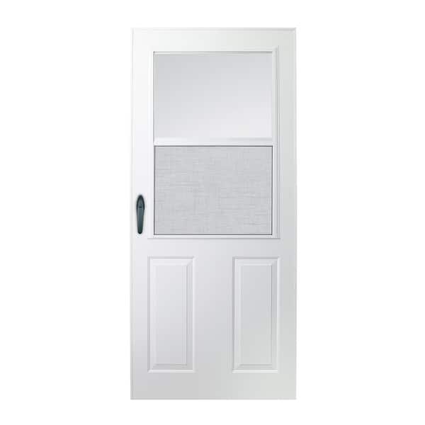 EMCO 200 Series 33 in. x 80 in. White Universal Mid-View Traditional Self-Storing Aluminum Storm Door with Black Hardware