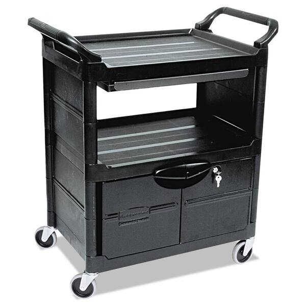 Rubbermaid Commercial Products Utility Cart With Lockable Doors Sliding Drawer 4 In Swivel Caster In Black Rcp345700bla The Home Depot