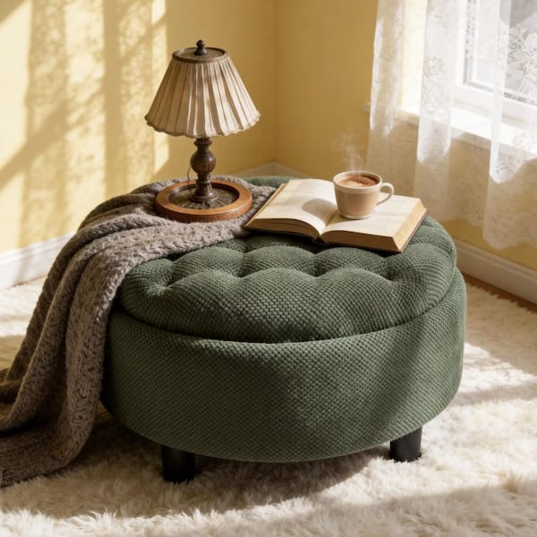 Warrior Dark Green 25 in. Round Polyester Storage Ottoman, Nailhead Trim Ottoman, Tufted Footstool, Coffee Table