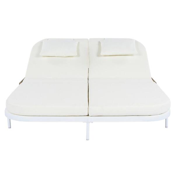 White Wicker Outdoor Day Bed with 5-Position Adjustable Backrest and Beige Cushions ​