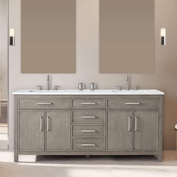 Logan 72 in. W Bath Vanity in Heritage Gray with Engineered Stone Top in Carrara White with White Sinks