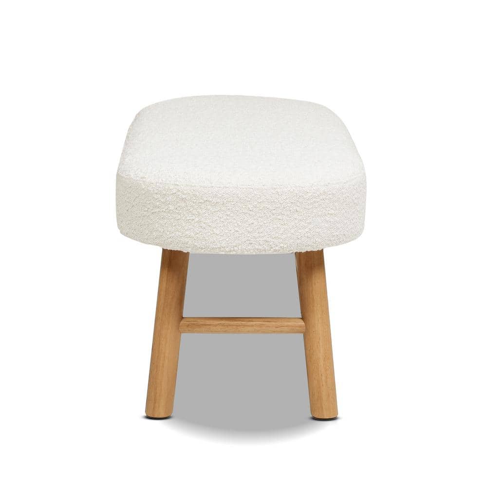 Ivory White Boucle Upholstered Bedroom Bench with Natural Wood Legs