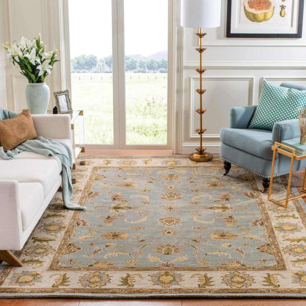 Elegant Heritage Hand-Tufted Wool Runner in Light Blue and Beige, 68"x22"