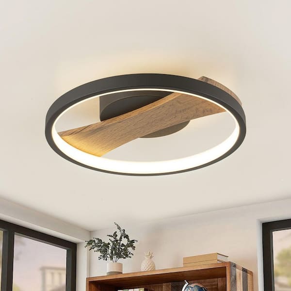 Moris 11.8 in. Modern Black Circle Round Wood Integrated LED Semi-Flush Mount Light