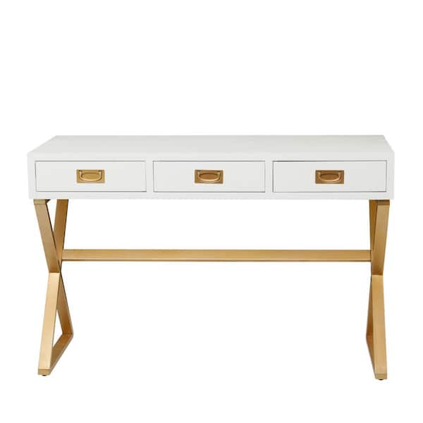 Litton Lane 20 in. Rectangle White Wood 3 Drawers Computer Desk with Outlet