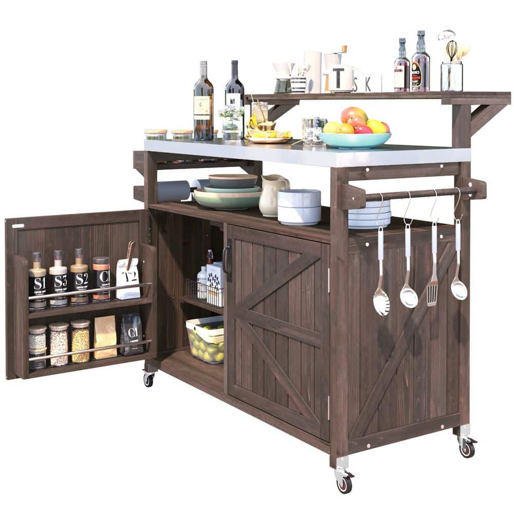 Wood Grill Cart, 53.3 in. Portable Outdoor BBQ Table with Wheels, Includes Spice Rack (Brown) price history on PriceWatchPro