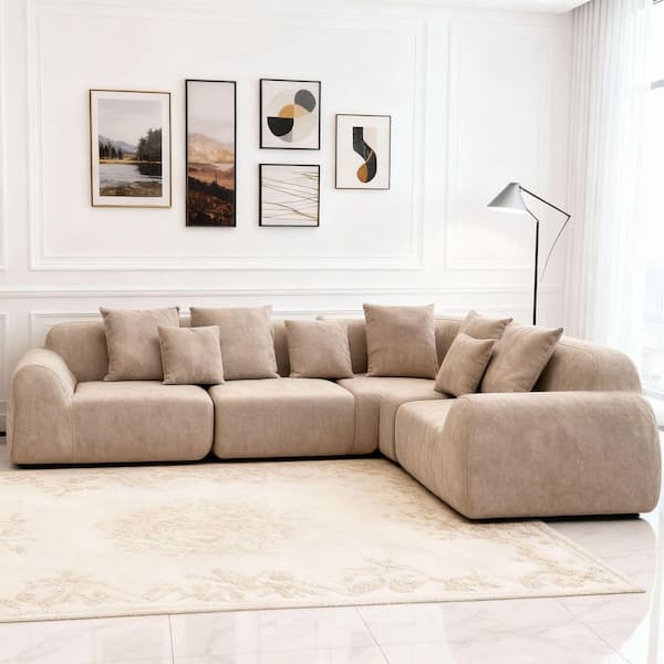Crestwick Modern 116.14 in. Round Arms Velvet Upholstery L-Shaped Fully Compressed Sectional Sofa in Beige with Pillows