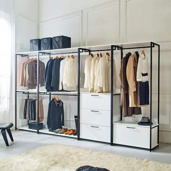 Fiona 143 in. W White Freestanding Walk in Wood Closet System with Metal Frame