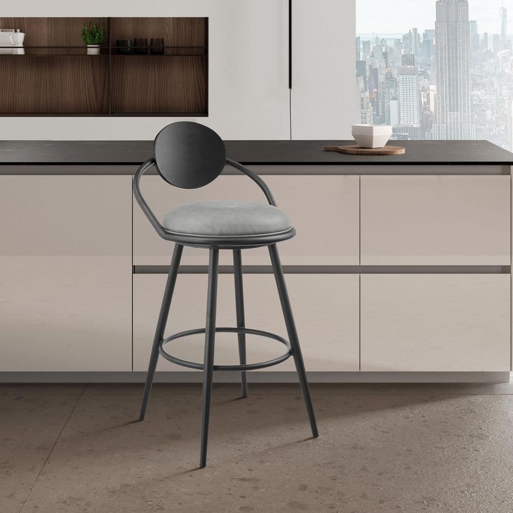 Carnation 26 and Swivel Counter Stool in Black Iron with Vintage Gray Faux 
