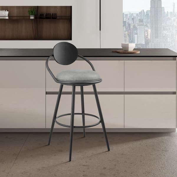 Armen Living Carnation 26 and Swivel Counter Stool in Black Iron with Vintage Gray Faux Leather and Black Wood Back