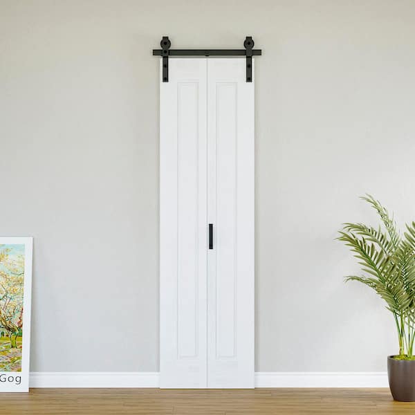 24 in. x 84 in. Paneled 1-Lite White Primed Hollow Core MDF Composite Bi-fold Door with Bifold Barn Door Hardware