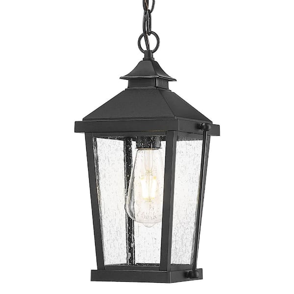 JAZAVA 14 in. 1-light Black Outdoor Pendant Light with Seeded Glass and No Bulbs Included