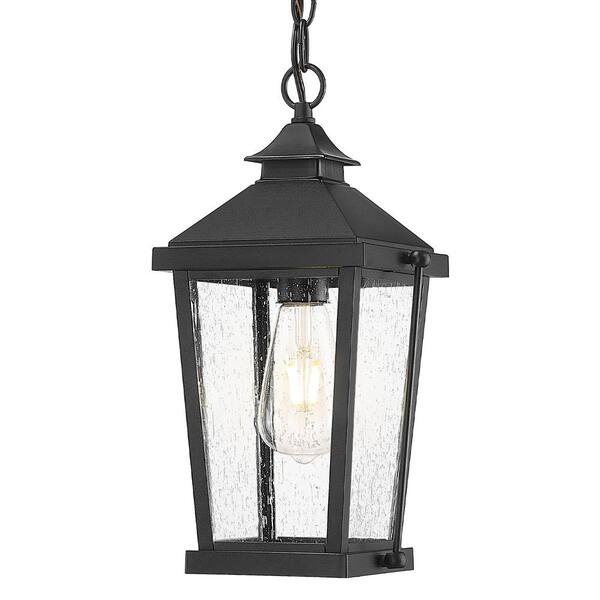 JAZAVA 14 in. 1-light Black Outdoor Pendant Light with Seeded Glass and ...