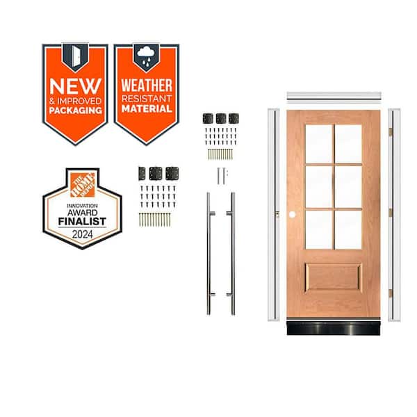  DIY Faux Pivot 36 x 79 in. 6-Lite Right-Hand Clear Glass Teak Stain Fiberglass Front Door Kit w/ Quick Assemble Jamb