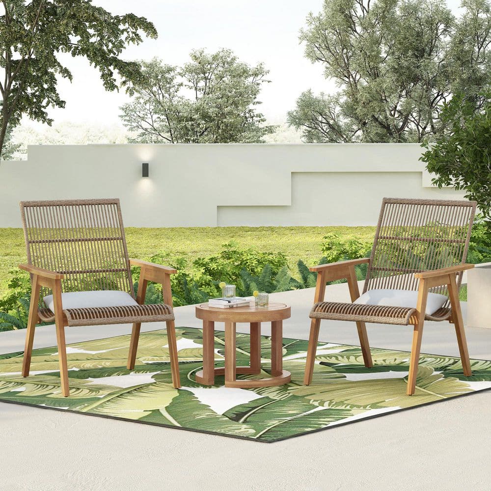 Outdoor Acacia Wood 3-Piece Lounge Set, Teak Finish with Pillows and Side T