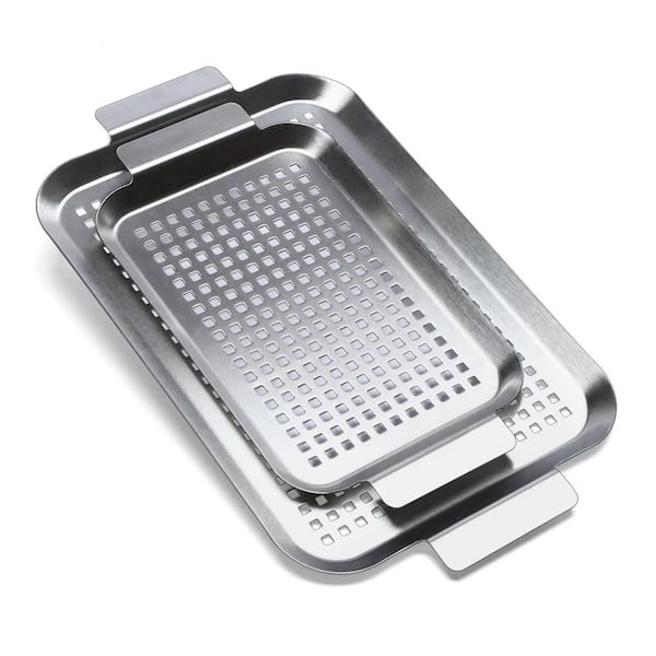 Versatile Fast Heating 2-Piece High Quality Stainless Steel Perforated Grill Pans Set for Vegetable, Fish, Meat, Seafood
