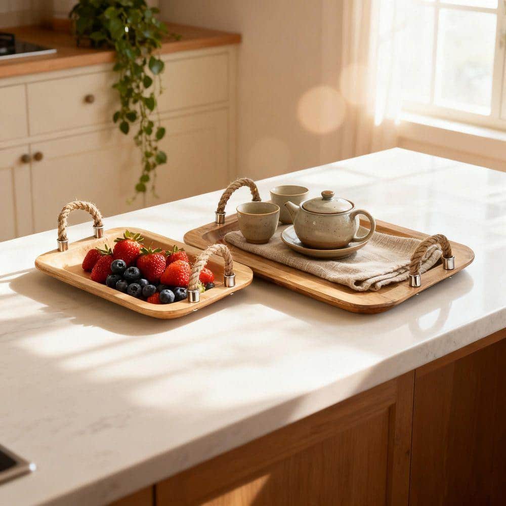 Wood Tray Set with Jute Handles-Brown Organic 2-Piece Mango Wood