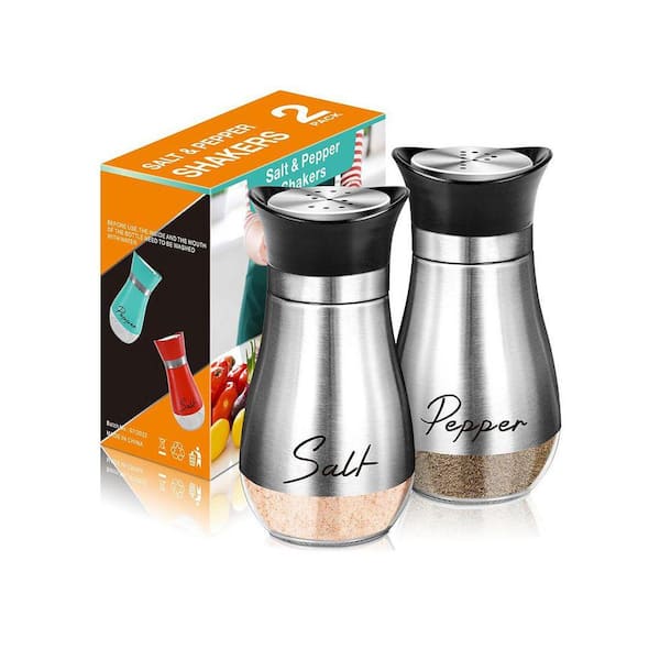 Refillable 4 oz. Glass Salt and Pepper Shakers Set Silver Stainless Steel Lid Modern Farmhouse Kitchen Table BBQ
