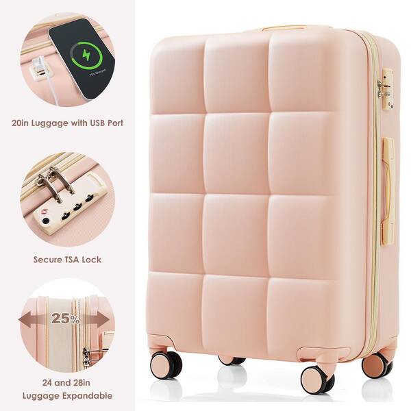 Merax 3 Piece Pink 20 in. x 24 in. x 28 in. ABS Hardshell Spinner Expandable Luggage Set with USB Port Cup Holder Hooks CJXB0012AAP The Home Depot