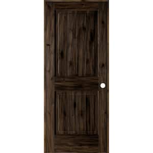 32 in. x 80 in. Knotty Alder 2 Panel Left-Hand Square Top V-Groove Black Stain Solid Wood Single Prehung Interior Door