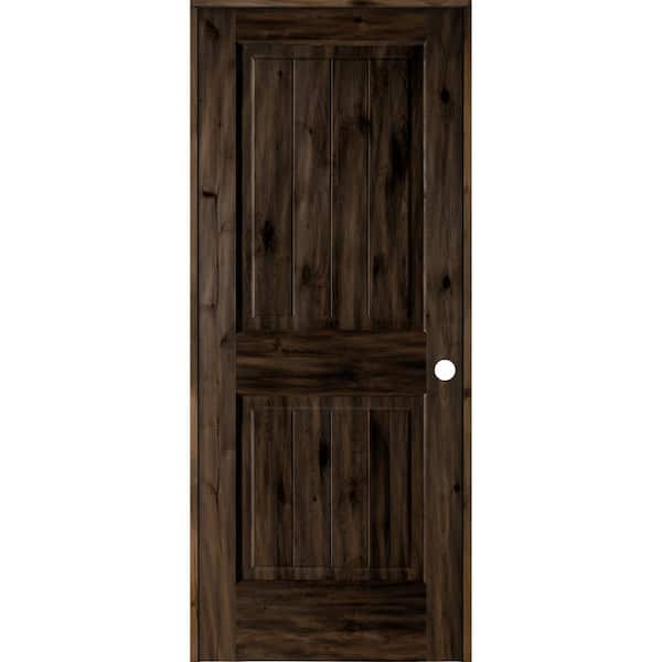 Krosswood Doors 32 in. x 80 in. Knotty Alder 2 Panel Left-Hand Square Top V-Groove Black Stain Solid Wood Single Prehung Interior Door
