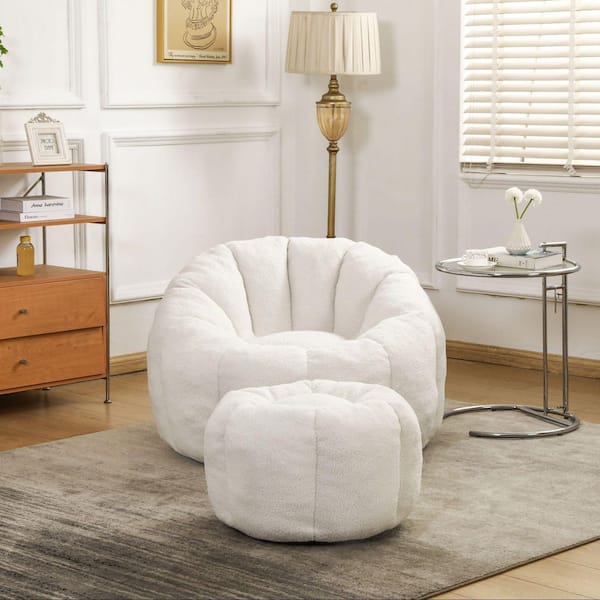 White Faux Fur Teddy Bean Bag Chair with Pumpkin Ottoman and Armrests, No Assembly Required