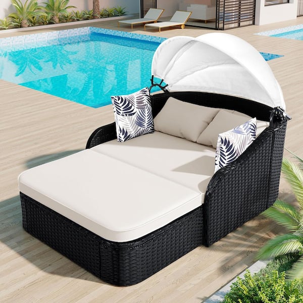 Black Wicker Outdoor Day Bed Sunbed with Beige Adjustable Canopy and Beige Cushion