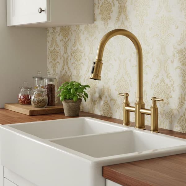 Brass Double Handles High Arc Bridge Kitchen Faucet with 3-Spray Modes Pull Down Sprayer and in Brushed Gold