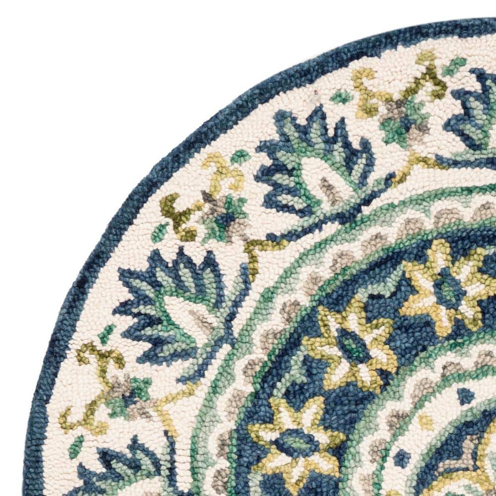 Ivory and Blue Floral Round Wool Area Rug