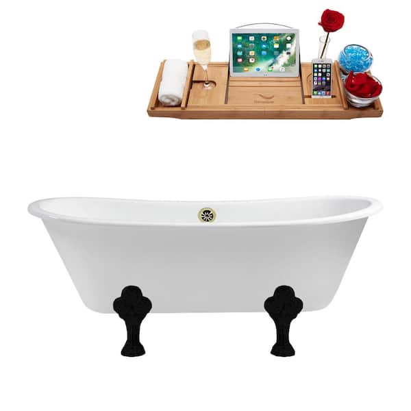 67 in. x 28 in. Cast Iron Clawfoot Soaking Bathtub in Glossy White with Matte Black Clawfeet and Brushed Nickel Drain