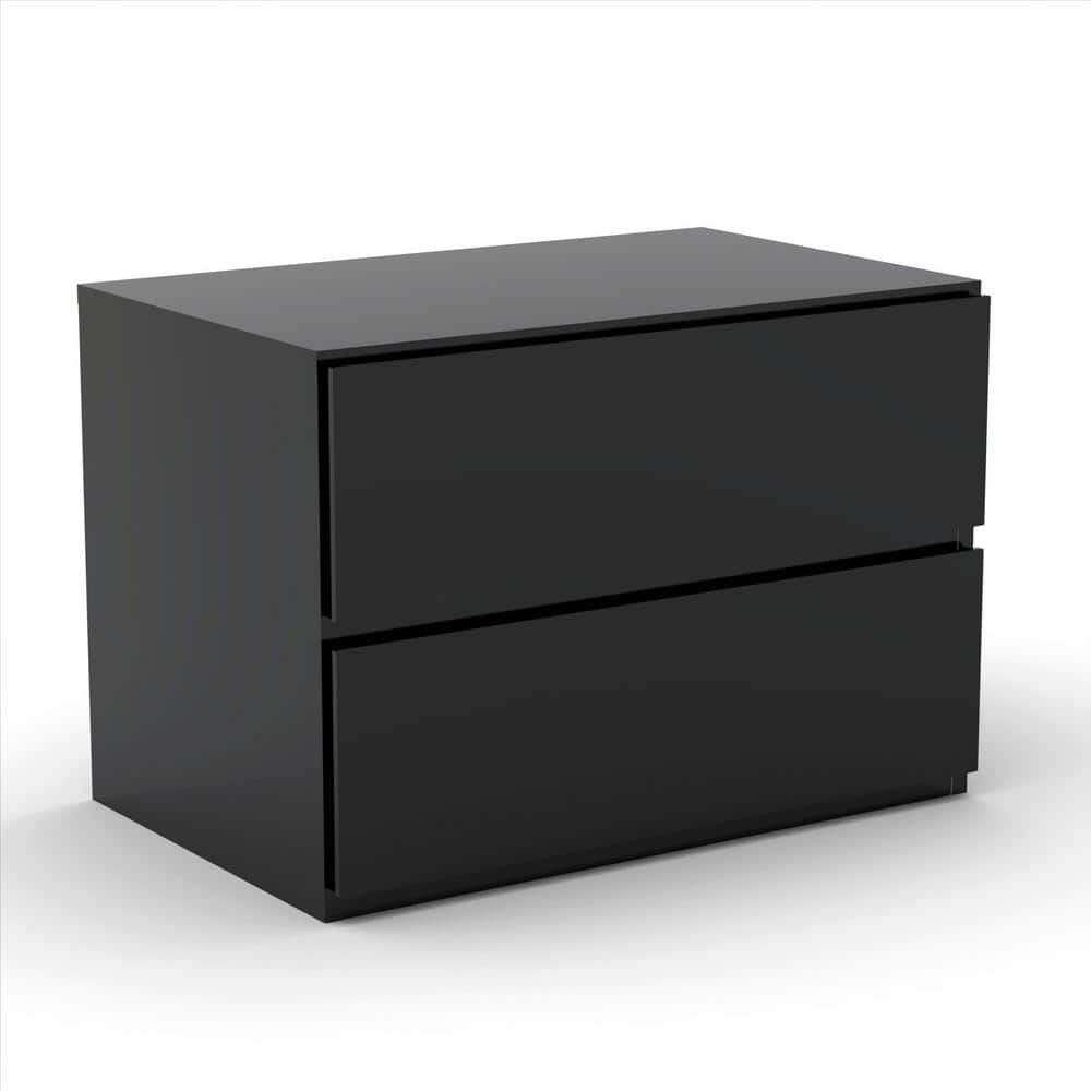 Sleek Modern Black Nightstand with Charging Station and Storage Drawer