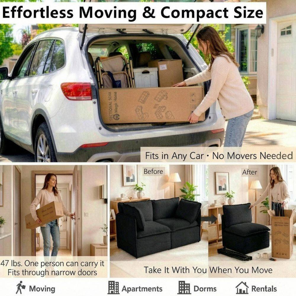 Modular sofa being moved into a car and shown in various rooms.