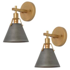 Vintage Gray Mid-Century Bell Wall Sconce with Metal Shade & Brushed Gold Accents, 1-Light Decorative Fixture (2-Pack)
