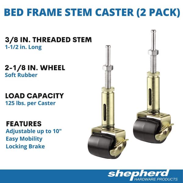 2 1/8 in. Black Rubber and Gold Steel Adjustable Bed Frame Stem Casters with Locking Brake, 125 lb. Load Rating 2 Pack