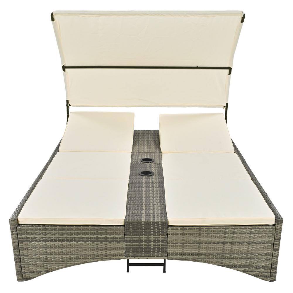 2-Seater Composite Outdoor Day Bed Outdoor Rattan Sun Lounger with Shelter Roof and Cream Cushions price history on PriceWatchPro