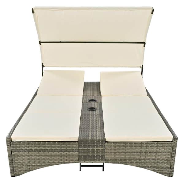 2-Seater Composite Outdoor Day Bed Outdoor Rattan Sun Lounger with Shelter Roof and Cream Cushions