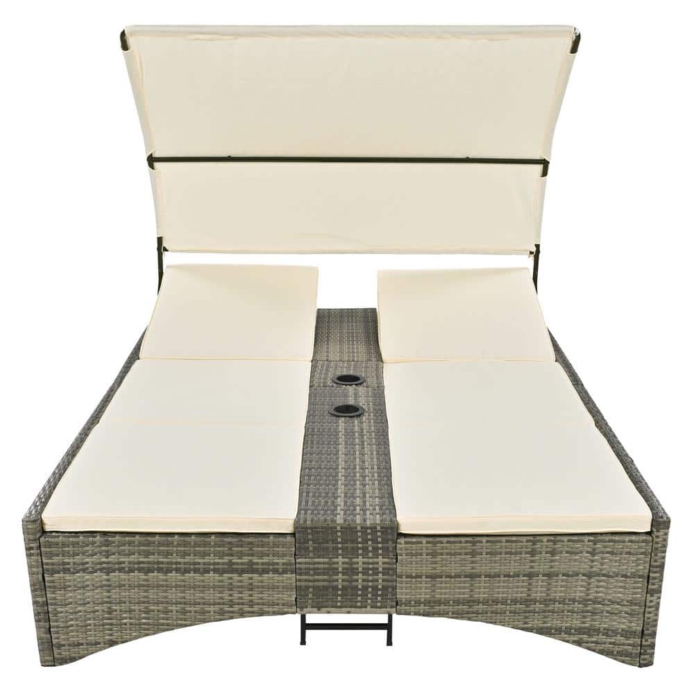 2-Seater Composite Outdoor Day Bed Outdoor Rattan Sun Lounger with Shelter 