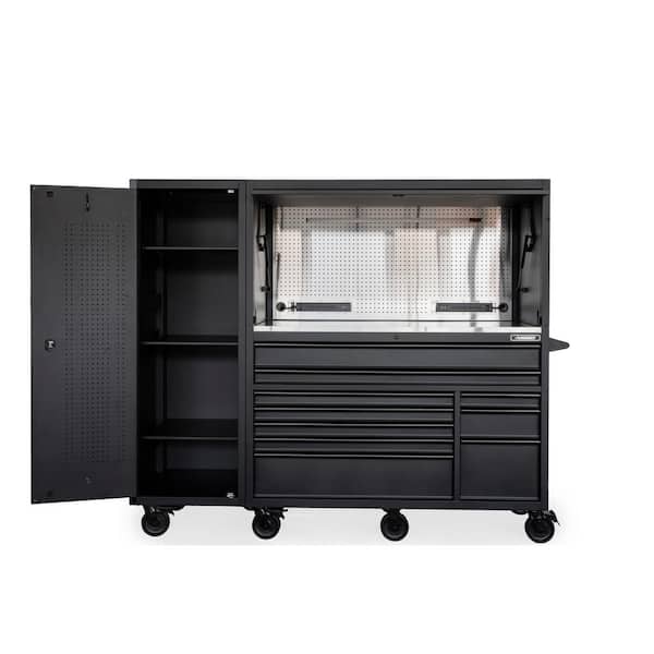 Husky 62 in. W x 24 in. D Heavy-Duty 10-Drawer Mobile Workbench with Stainless Steel Work Top Combo Hutch in Matte Black