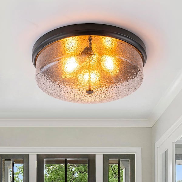 Matera 15.9 in. 3-Light Matte Black Drum Flush Mount Light with Smoked Seeded Glass Shade