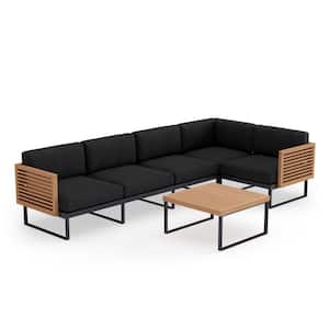 Monterey 5 Seater 6 Piece Aluminum Teak Outdoor Outdoor Sectional Set with Loft Charcoal Cushions